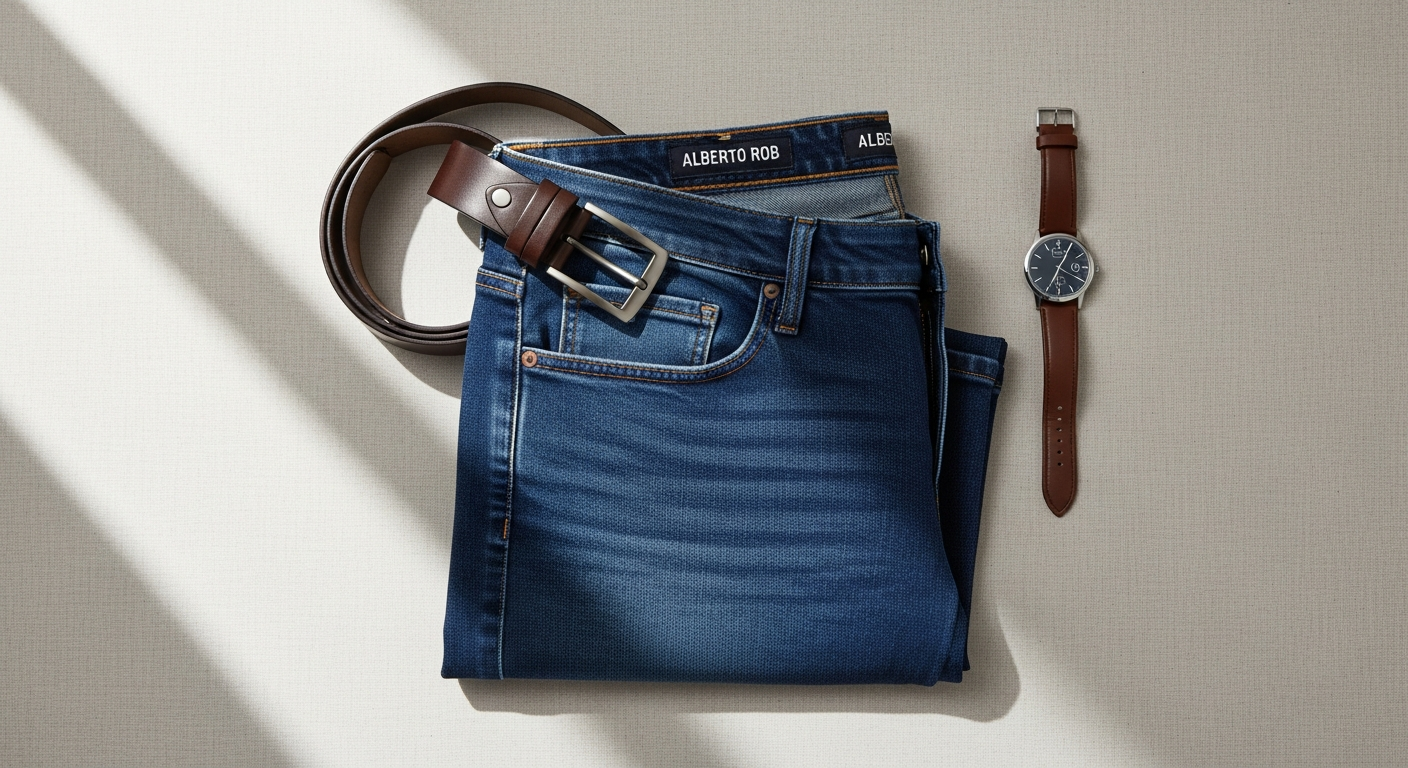 Professional man wearing Alberto Rob Slim Fit Jeans in modern office setting