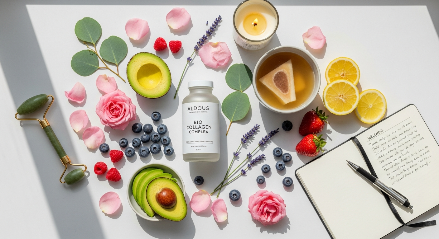 Aldous Bio Hydrolyzed Collagen Complex supplement bottle with capsules displayed
