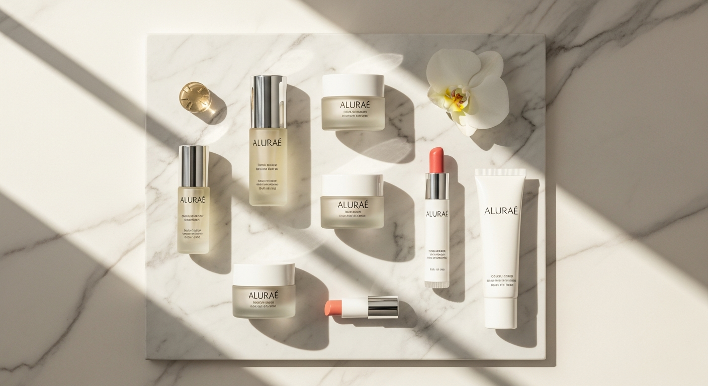 Professional cosmetics brand product display with skincare bottles
