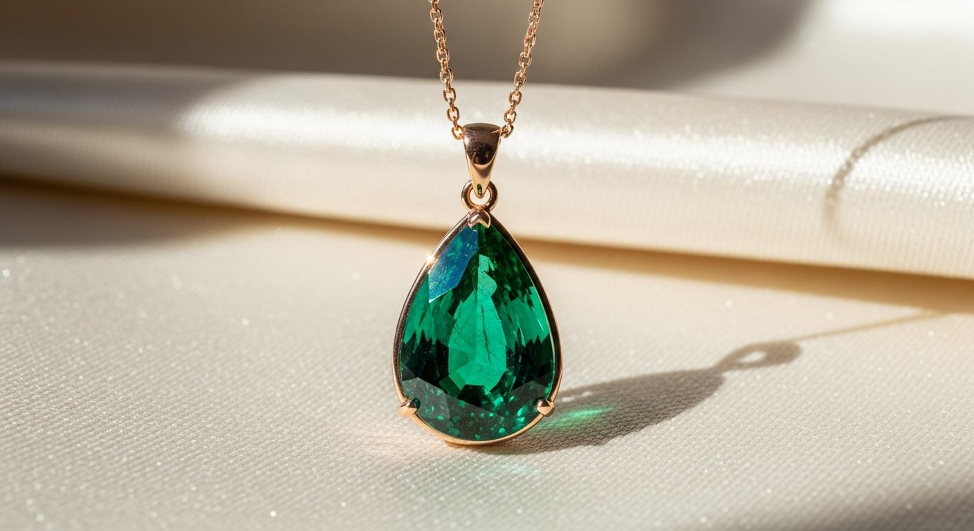 Elegant prong-set emerald teardrop pendant with diamond accent on white background