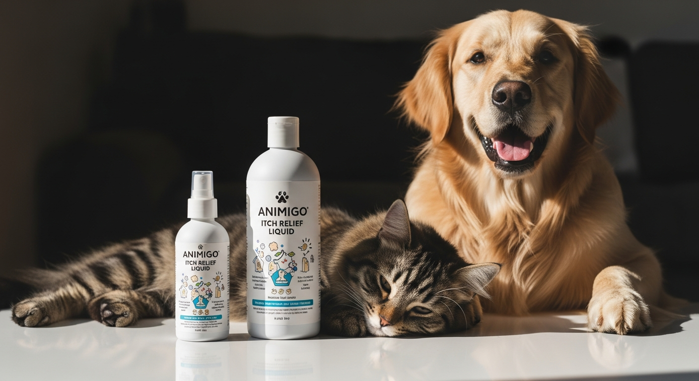 Animigo Itch Relief Liquid bottle with natural herbal ingredients for pet skin health