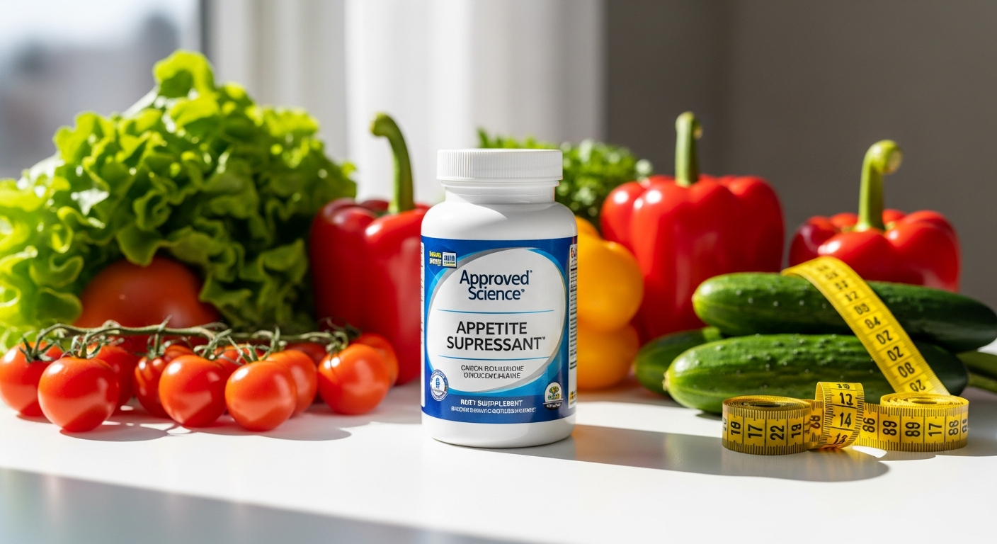 Approved Science Appetite Suppressant bottle with weight loss measurement tape and healthy food