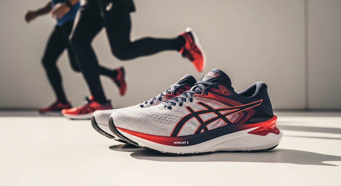 ASICS Novablast 5 running shoes displayed on white background showing cushioning technology