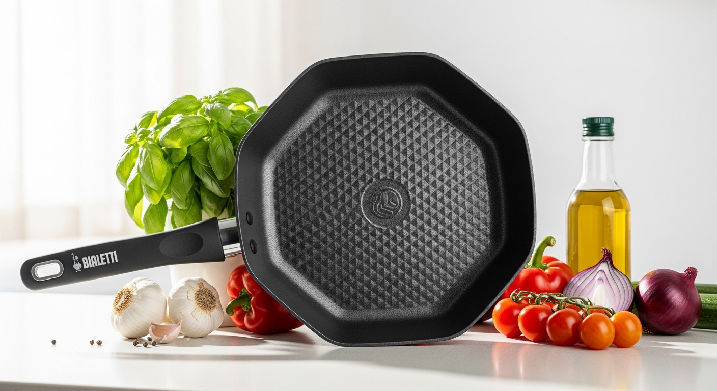 Bialetti Diamond Induction Frying Pan with titanium ceramic coating on modern kitchen stovetop