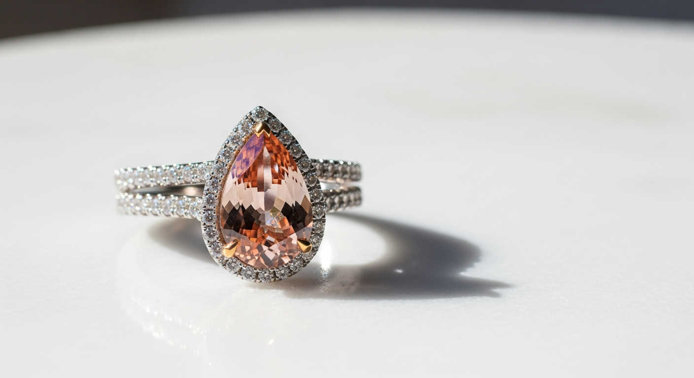 Elegant pear cut morganite engagement ring set with rose gold band