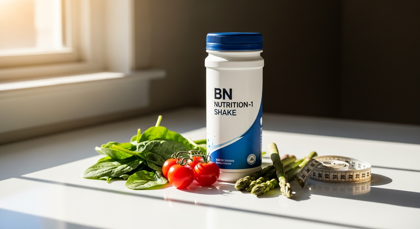BN Nutrition-1 Advanced Formula Shake container with berry and vanilla flavors displayed