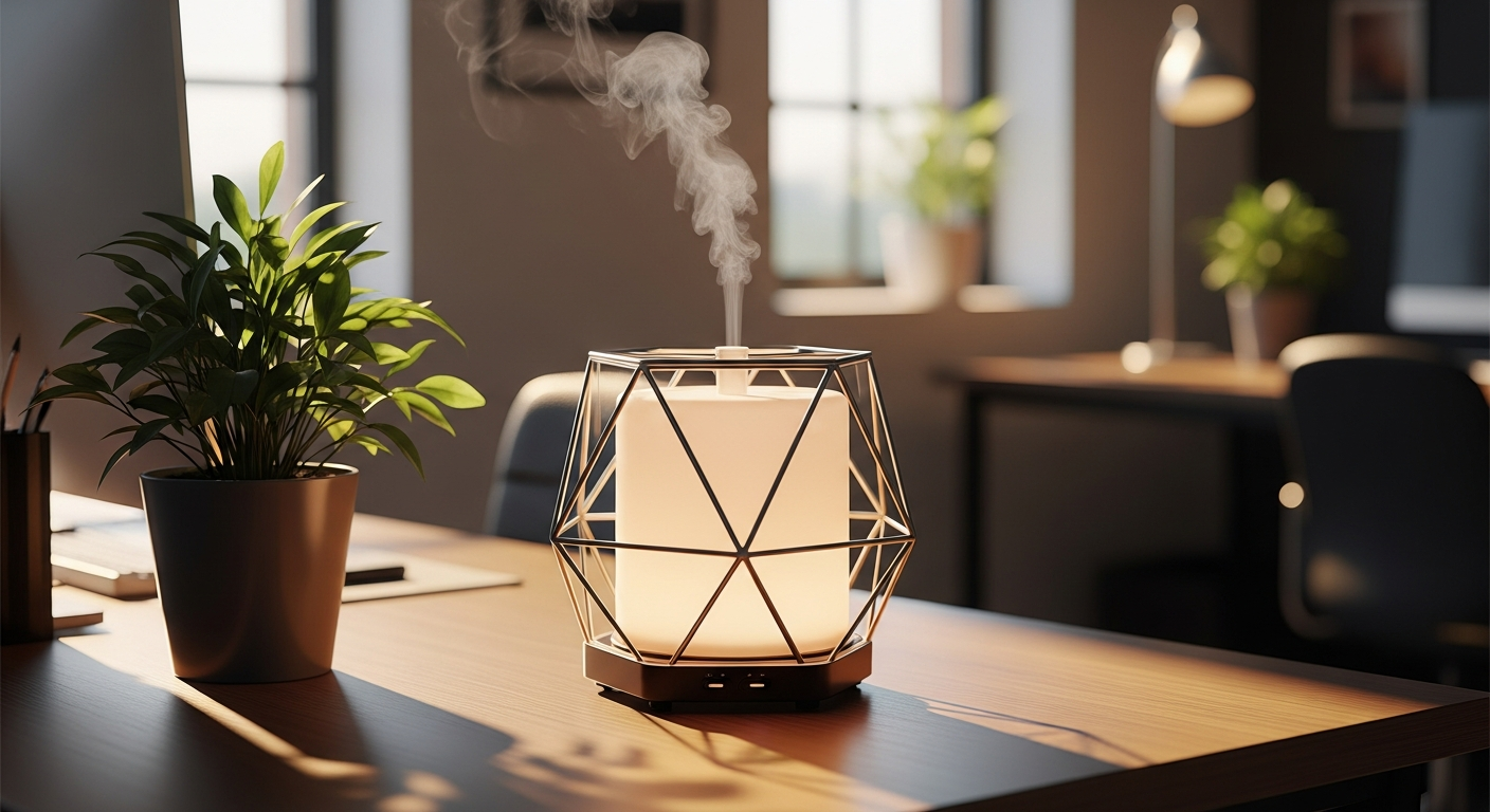 B Calm Geometric Glass Aroma Diffuser on modern office desk with soft ambient lighting