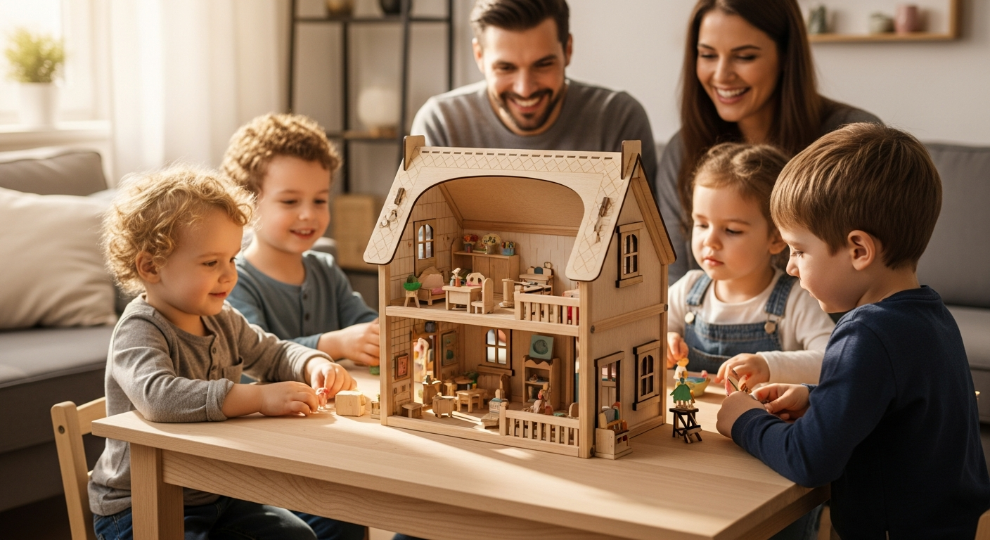 Wooden Barnshenn kids doll house with furniture set displayed indoors