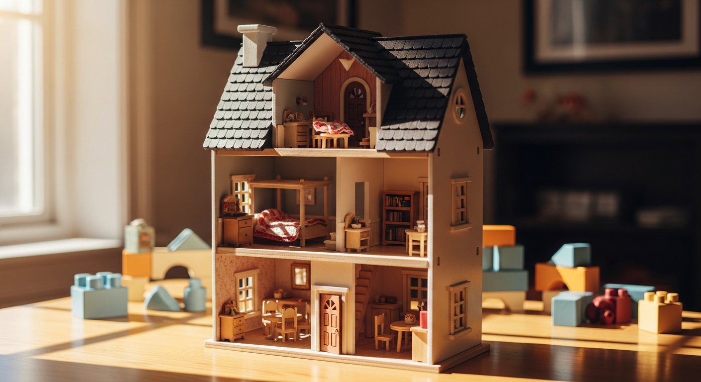 Barnshenn miniature wooden doll house with three levels and minimalist furniture design