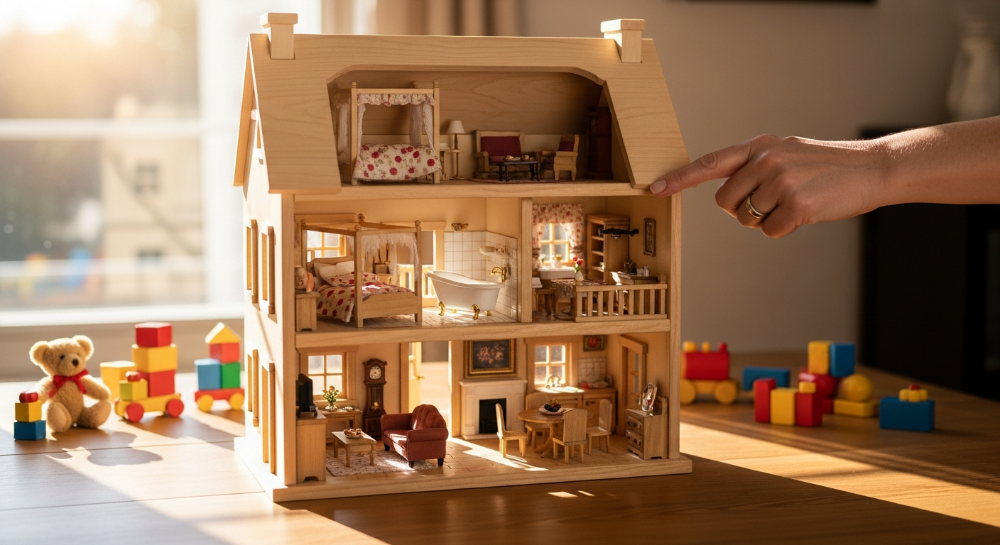 Wooden dollhouse with furniture set for children's imaginative play