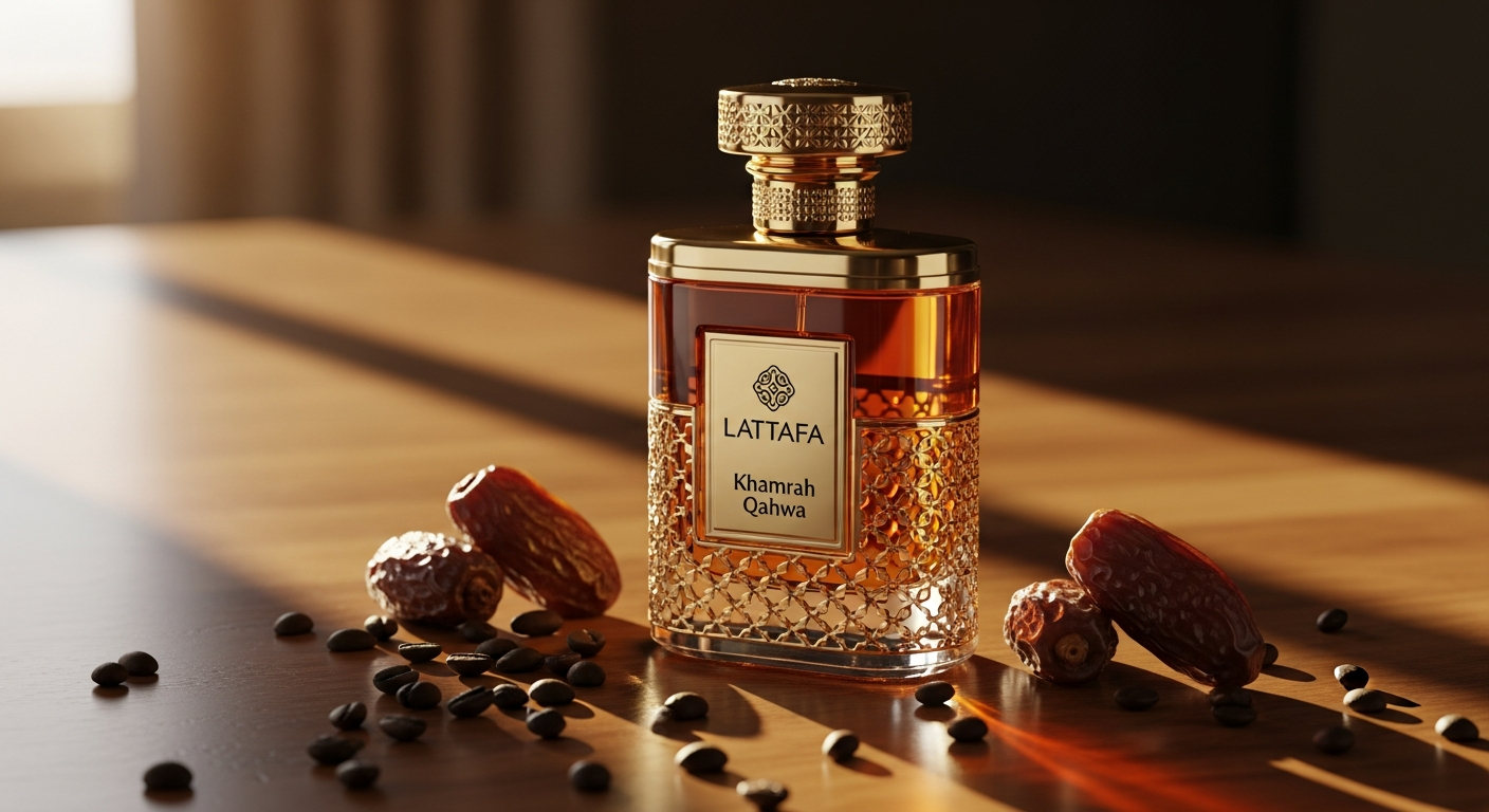 Lattafa Khamrah Qahwa Arabic perfume bottle with coffee and spice fragrance notes