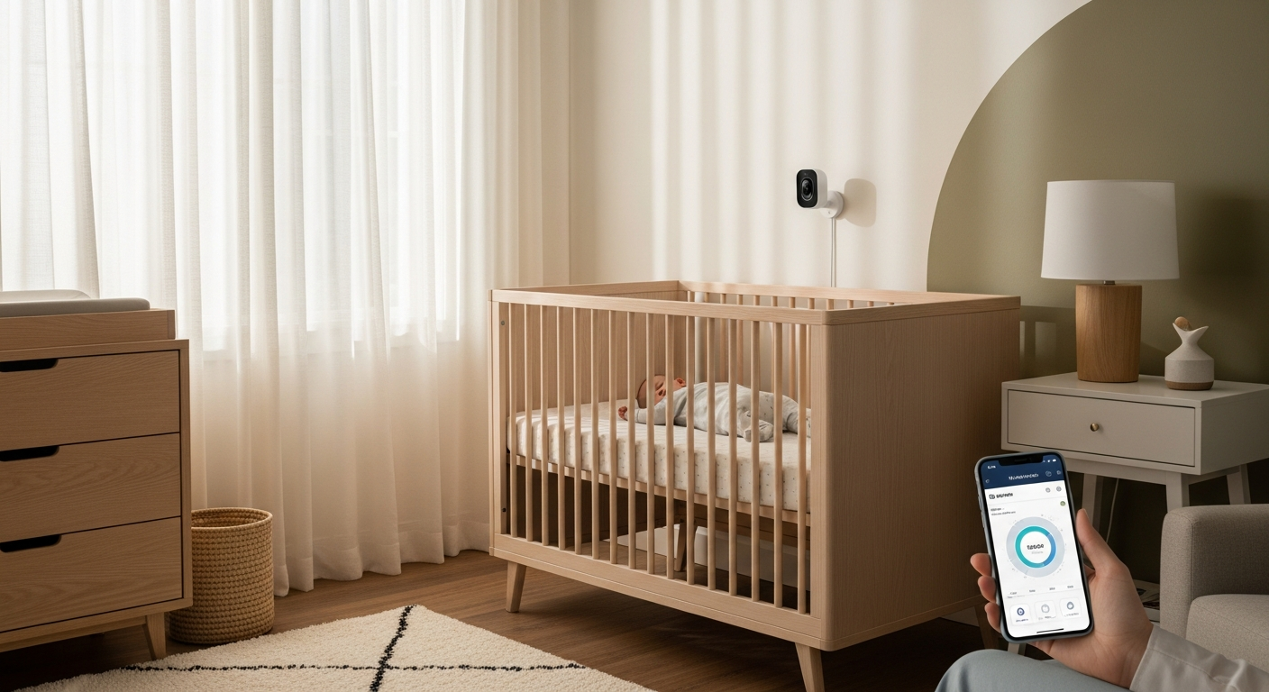 Nanit Pro Smart Baby Monitor displaying sleep tracking data and breathing motion monitoring on nursery wall