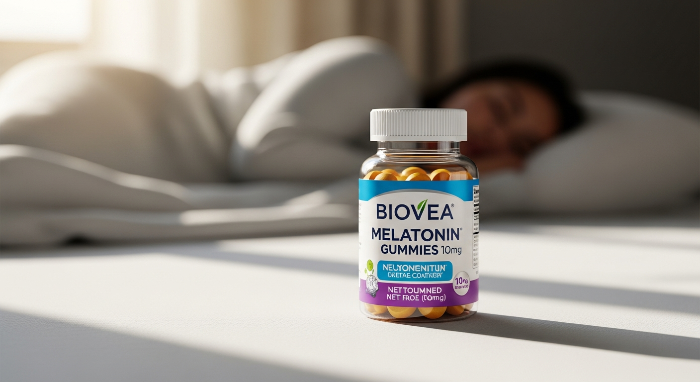 Biovea Melatonin Gummies 10mg Mixed Berry sleep supplement bottle with gummies