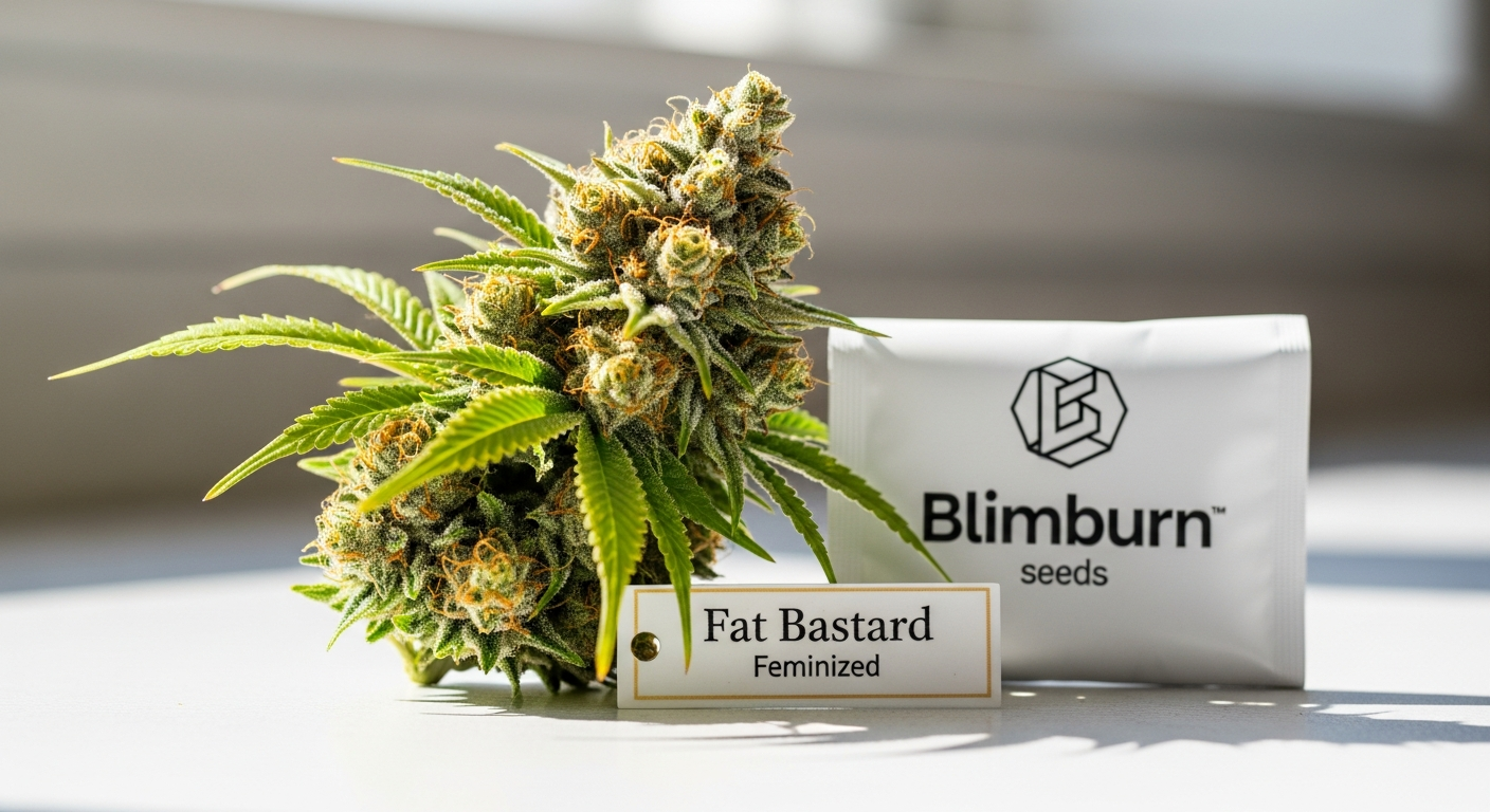 Blimburn Seeds Fat Bastard Feminized cannabis strain close-up showing dense trichomes and resin production