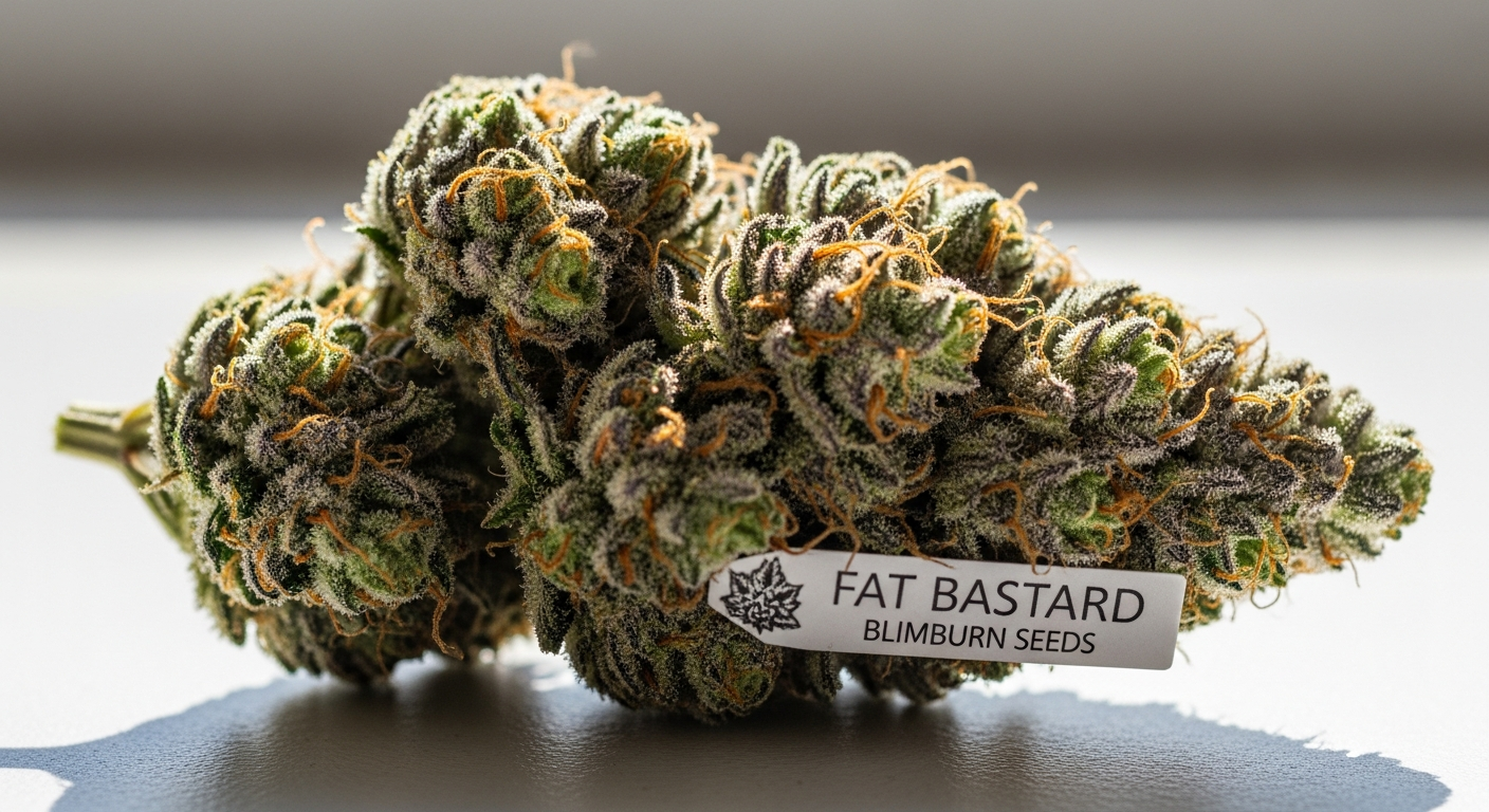 Blimburn Seeds Fat Bastard cannabis strain with dense trichomes and vibrant green buds
