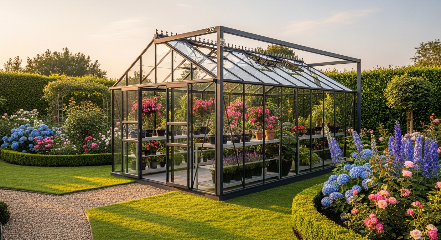 Modern aluminium greenhouse with tempered glass panels in UK garden setting