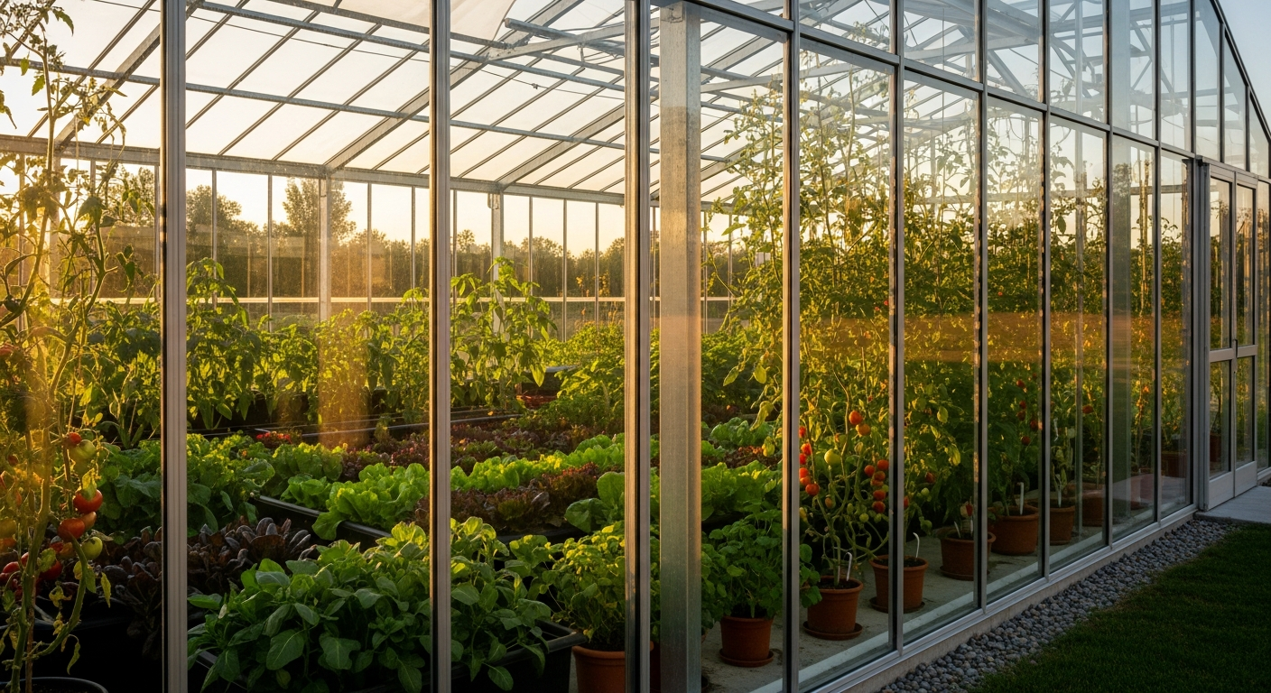 Bloomcabin T-Model Greenhouse Orangery with aluminum frame and tempered glass in garden setting