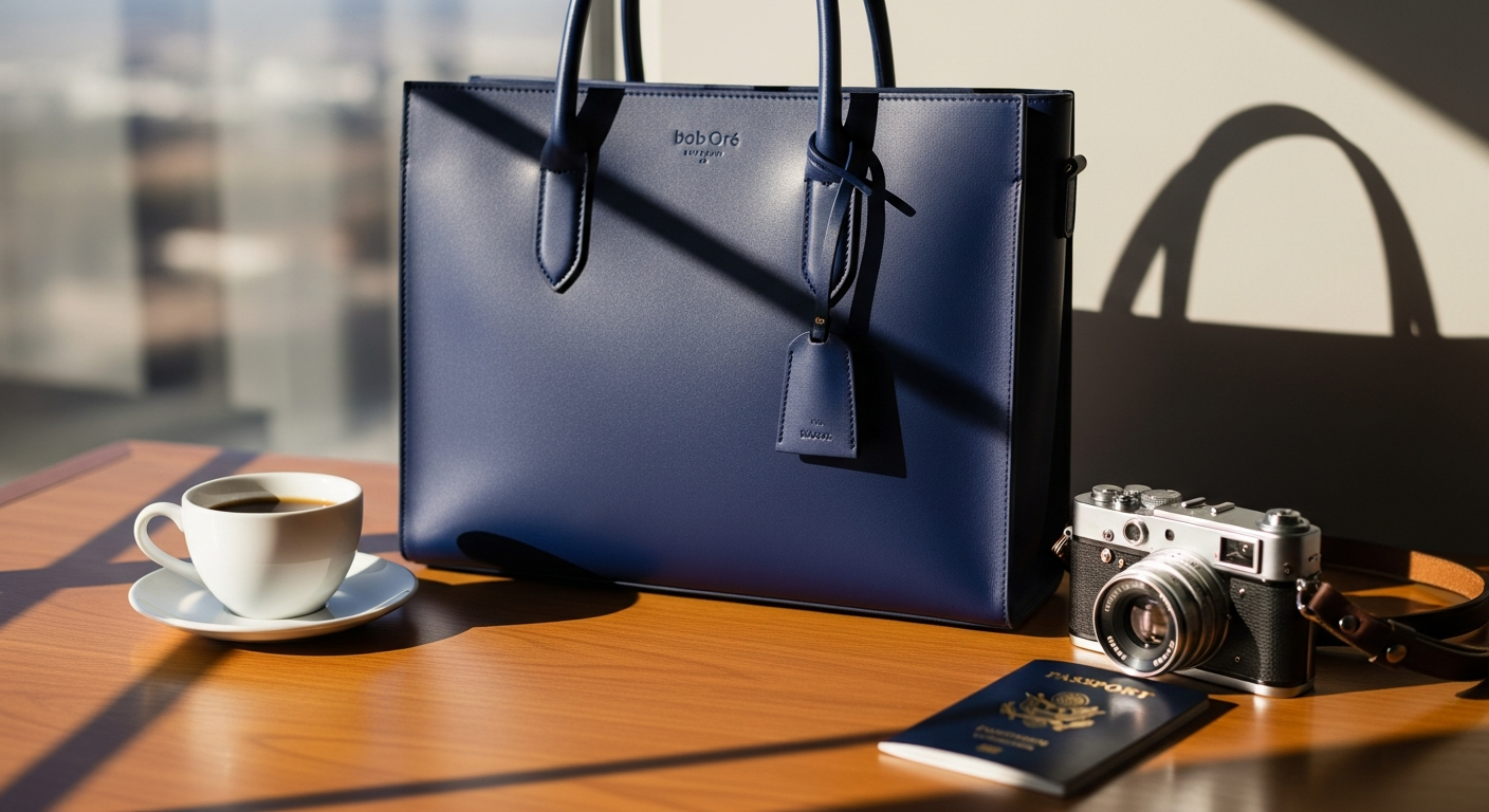 Bob Oré Taylor Leather Tote Bag in blue leather with V-cutout design detail