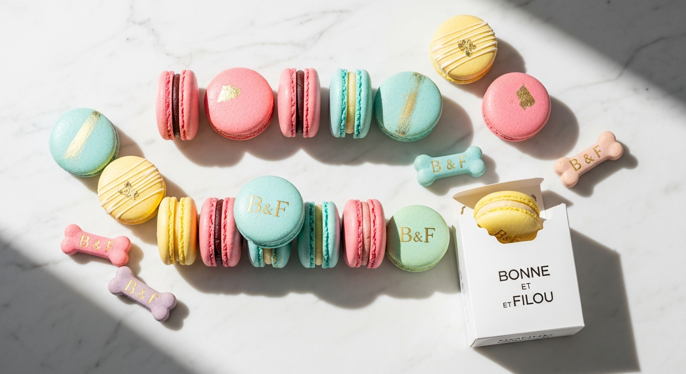 Elegant Bonne et Filou gourmet dog macarons treats in colorful flavors displayed on white surface