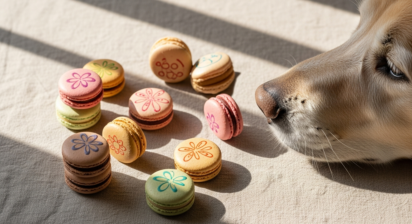 Gourmet dog macaron treats in elegant packaging for senior dogs
