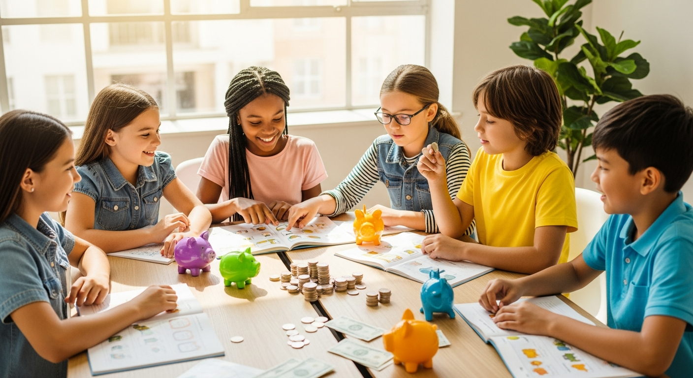 Child learning about money management in interactive financial literacy class