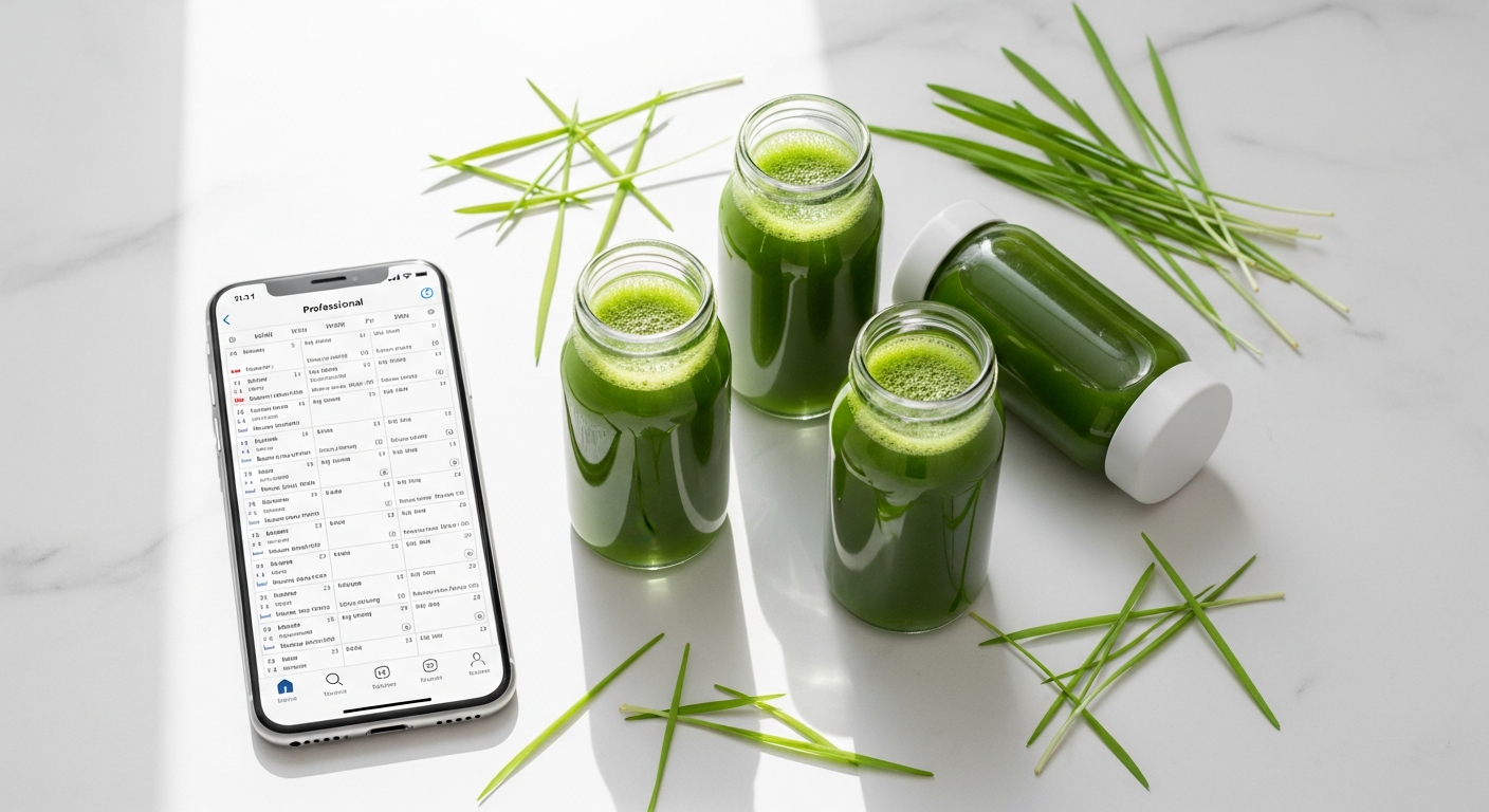 Organic wheatgrass juice shots in frozen packaging displayed on white background