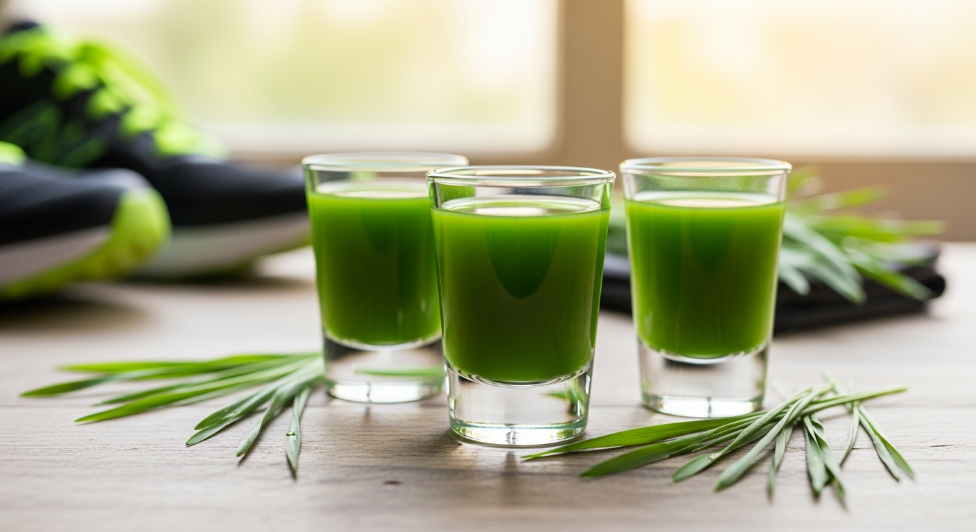 Fresh organic wheatgrass juice shot in glass with green liquid and foam