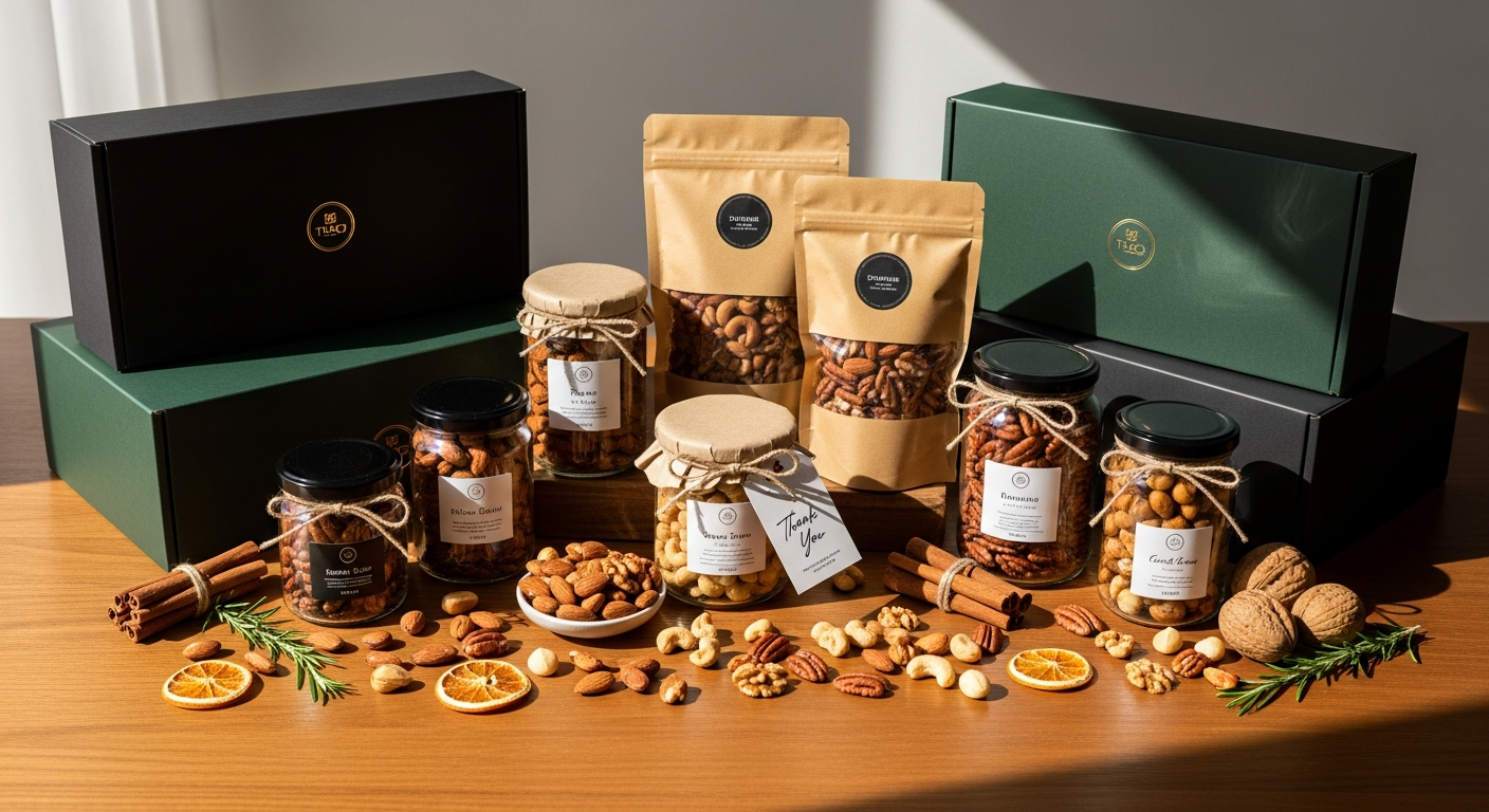 Luxury roasted nut mixes in elegant branded packaging for corporate gifting