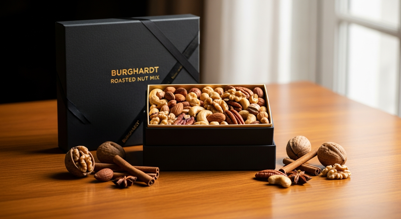 Premium roasted nut mix in elegant glass jar packaging for corporate gifting
