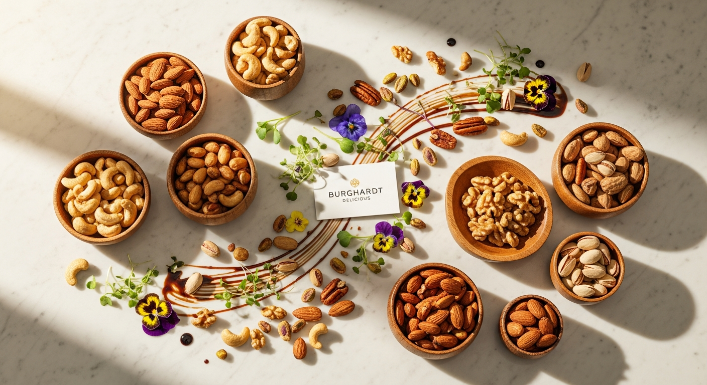 Premium roasted nut mix in elegant glass jar with sustainable packaging