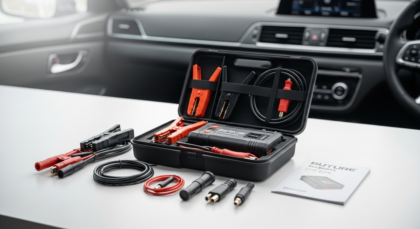 Buture Beta09 8000A car jump starter with air compressor and power bank displayed