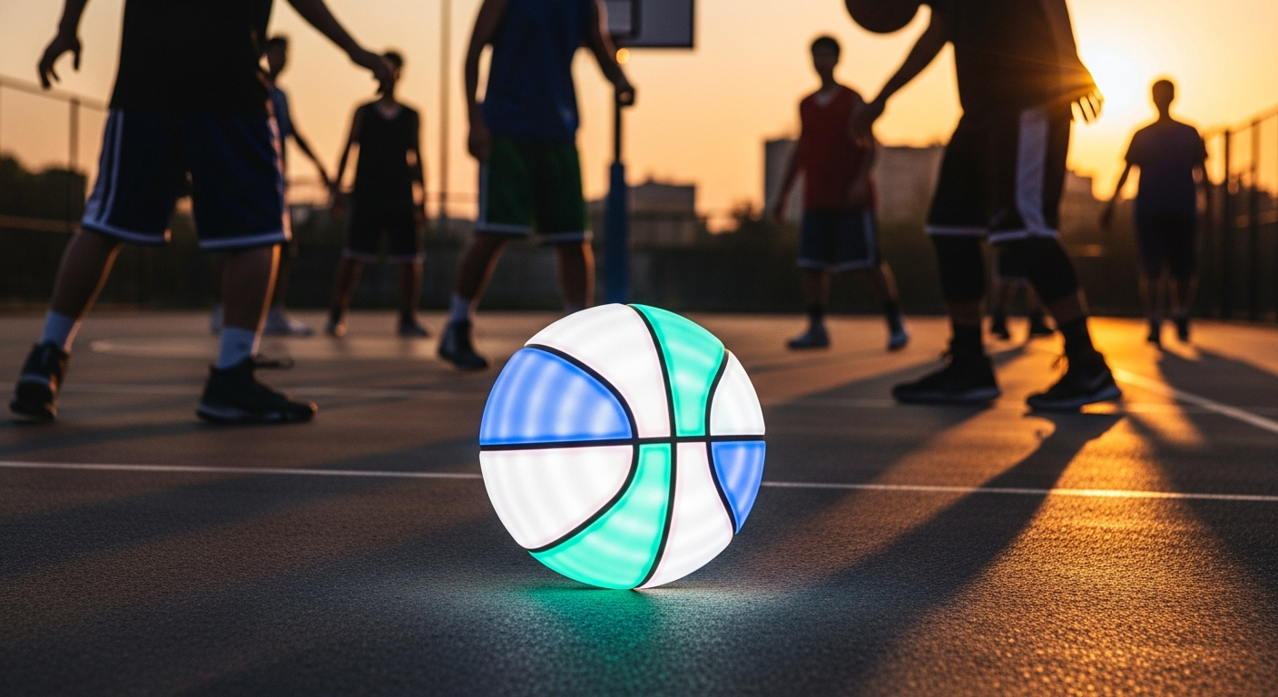 Cipton LED light-up basketball glowing in darkness during nighttime play