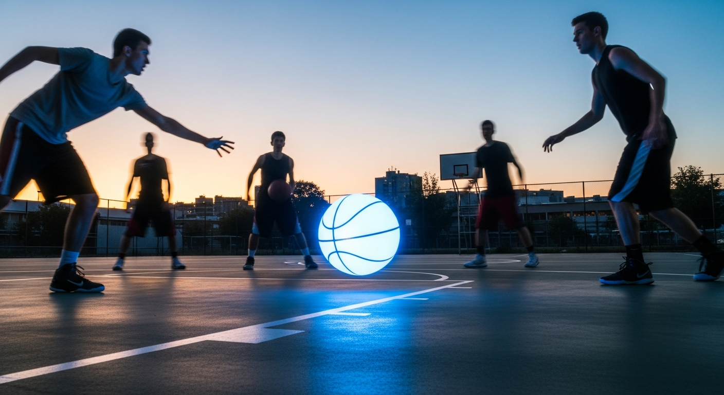 Cipton LED rechargeable basketball glowing brightly in darkness during nighttime outdoor play