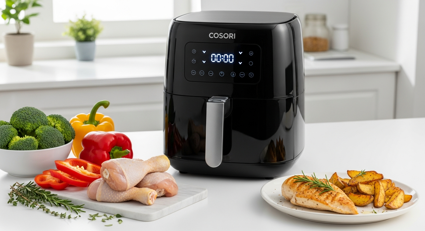 COSORI Iconic 6.5-Quart Smart Air Fryer with stainless steel design and touchscreen display