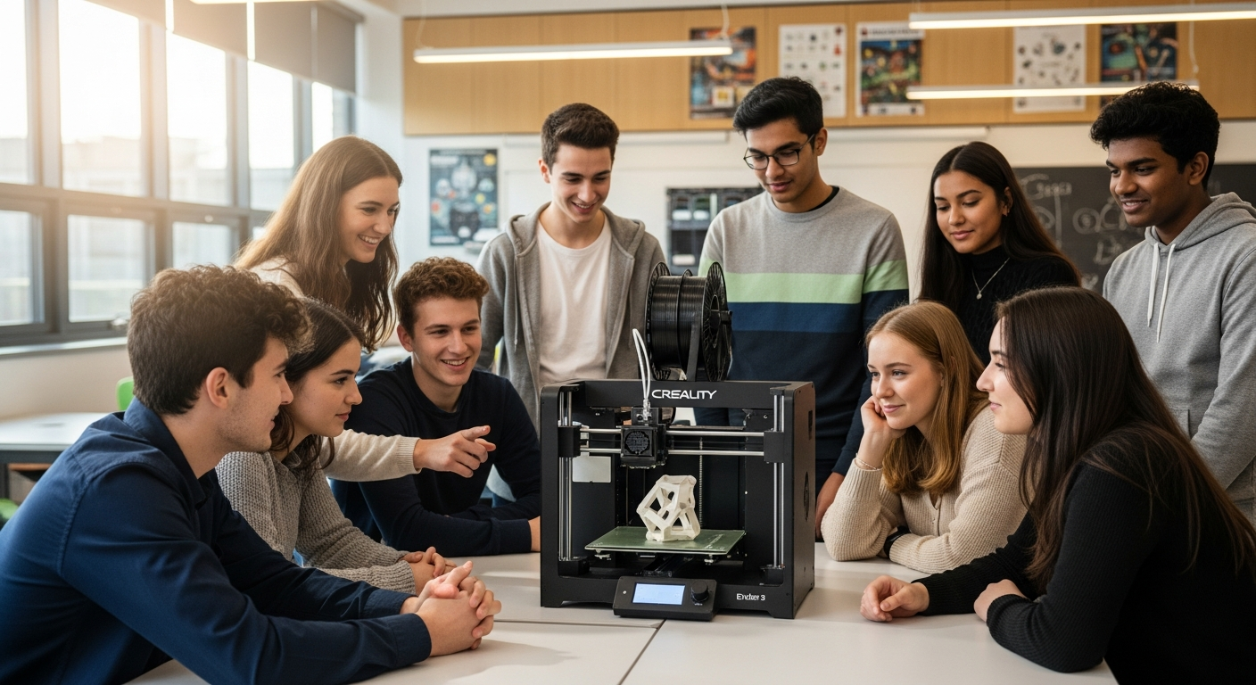 Creality Ender 3 V3 SE 3D printer in a modern classroom with students working on design projects
