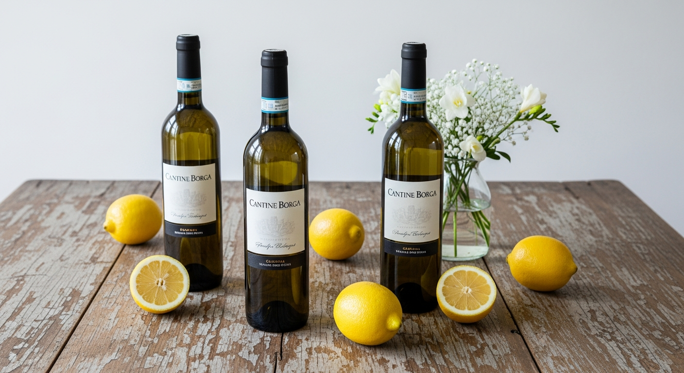 Bottle of Cantine Borga Pinot Grigio delle Venezie Italian white wine on table