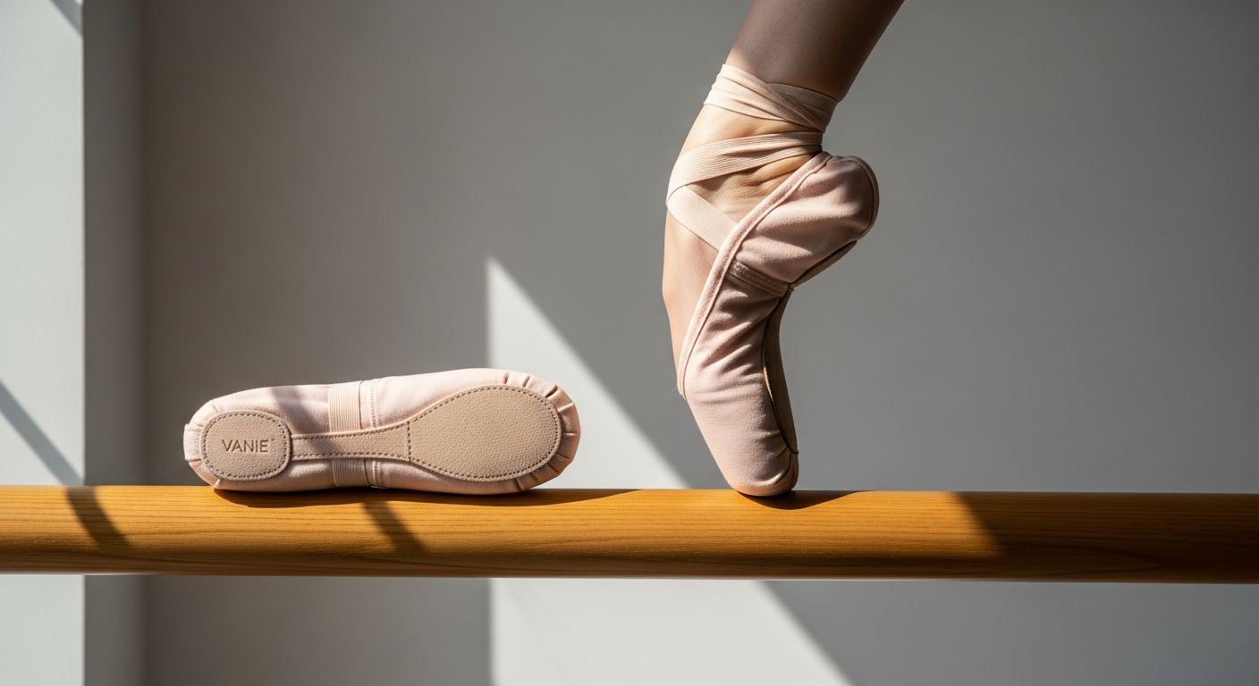 Vanie Stretch Canvas Ballet Slippers in pink displayed on a dancer's feet during class
