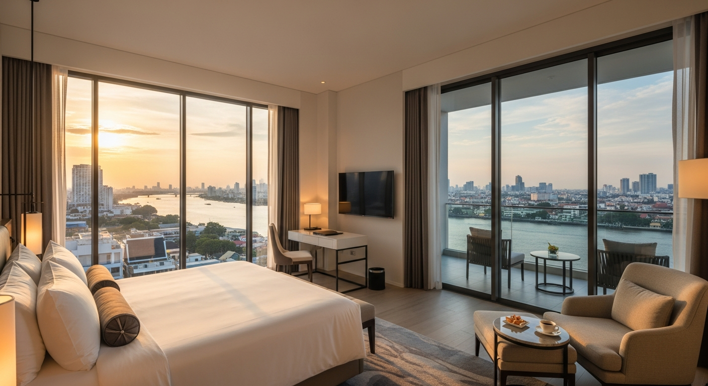Luxurious Grand Deluxe River View Room at Chatrium Bangkok overlooking Chao Phraya River