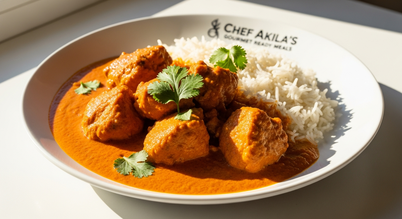 Chef Akila's Famous Delhi Butter Chicken ready meal in creamy sauce with rice