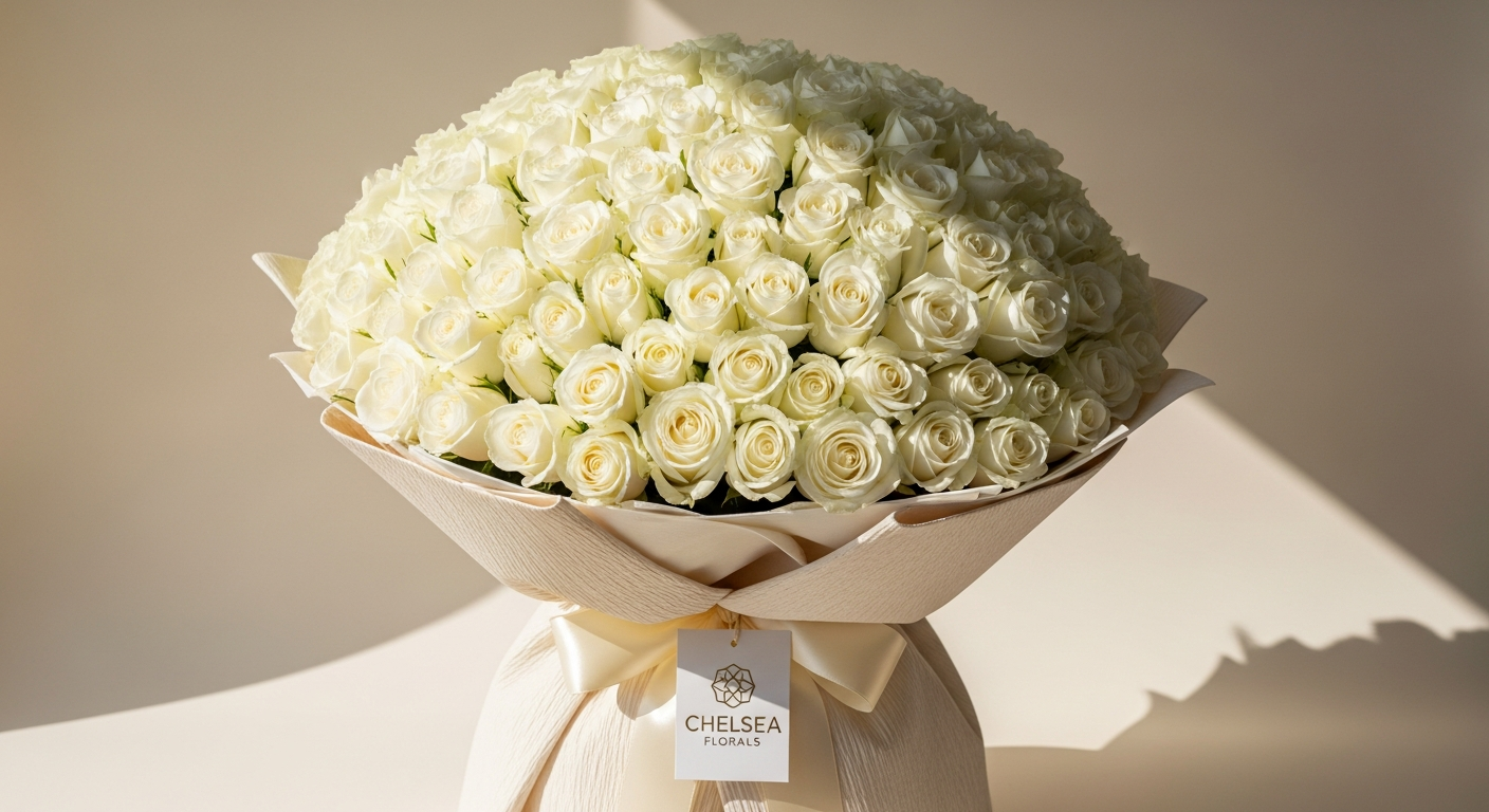 200 luxury white Naomi roses in premium hand-tied bouquet arrangement