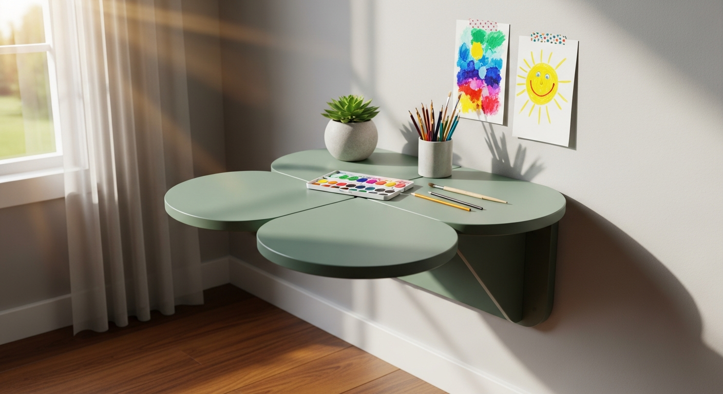 Modern minimalist wall-mounted desk with magnetic accessories in Scandinavian design style