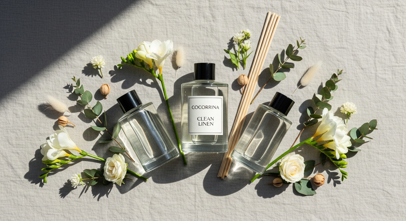 Cocorrina Clean Linen Reed Diffuser Set with preserved baby's breath flowers in elegant glass bottle