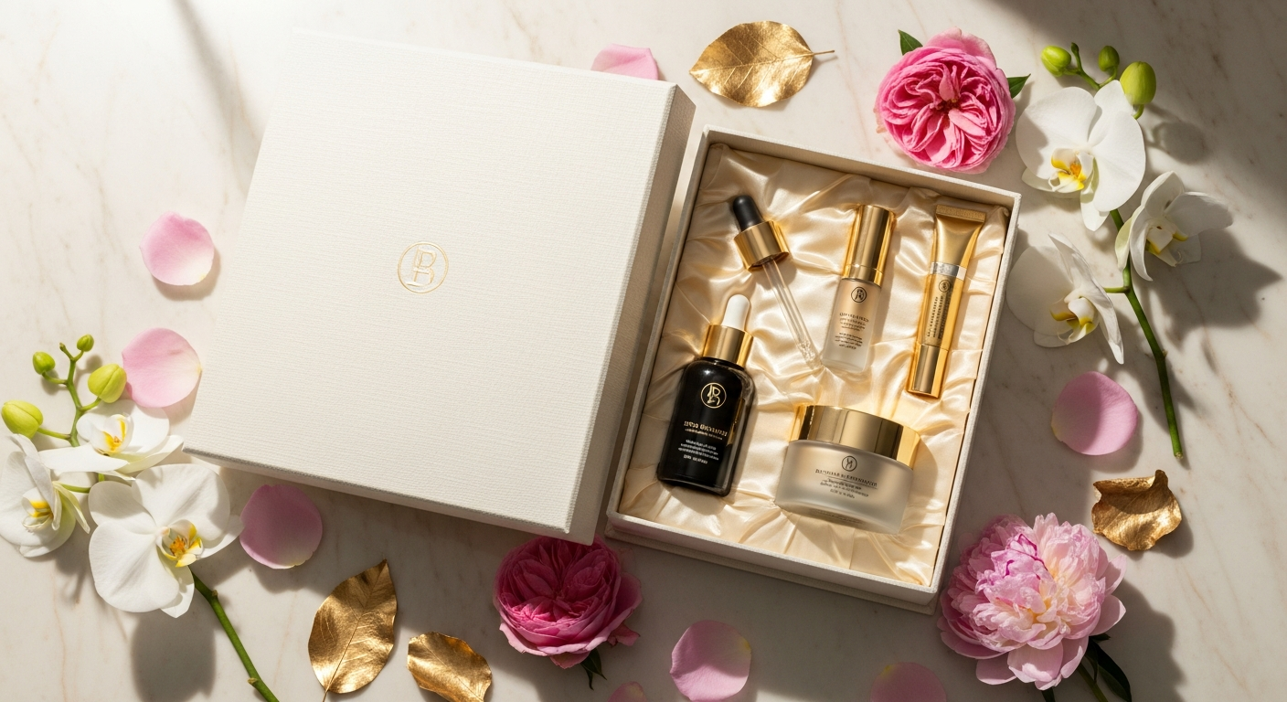 Luxury beauty products displayed in elegant Cohorted subscription box packaging