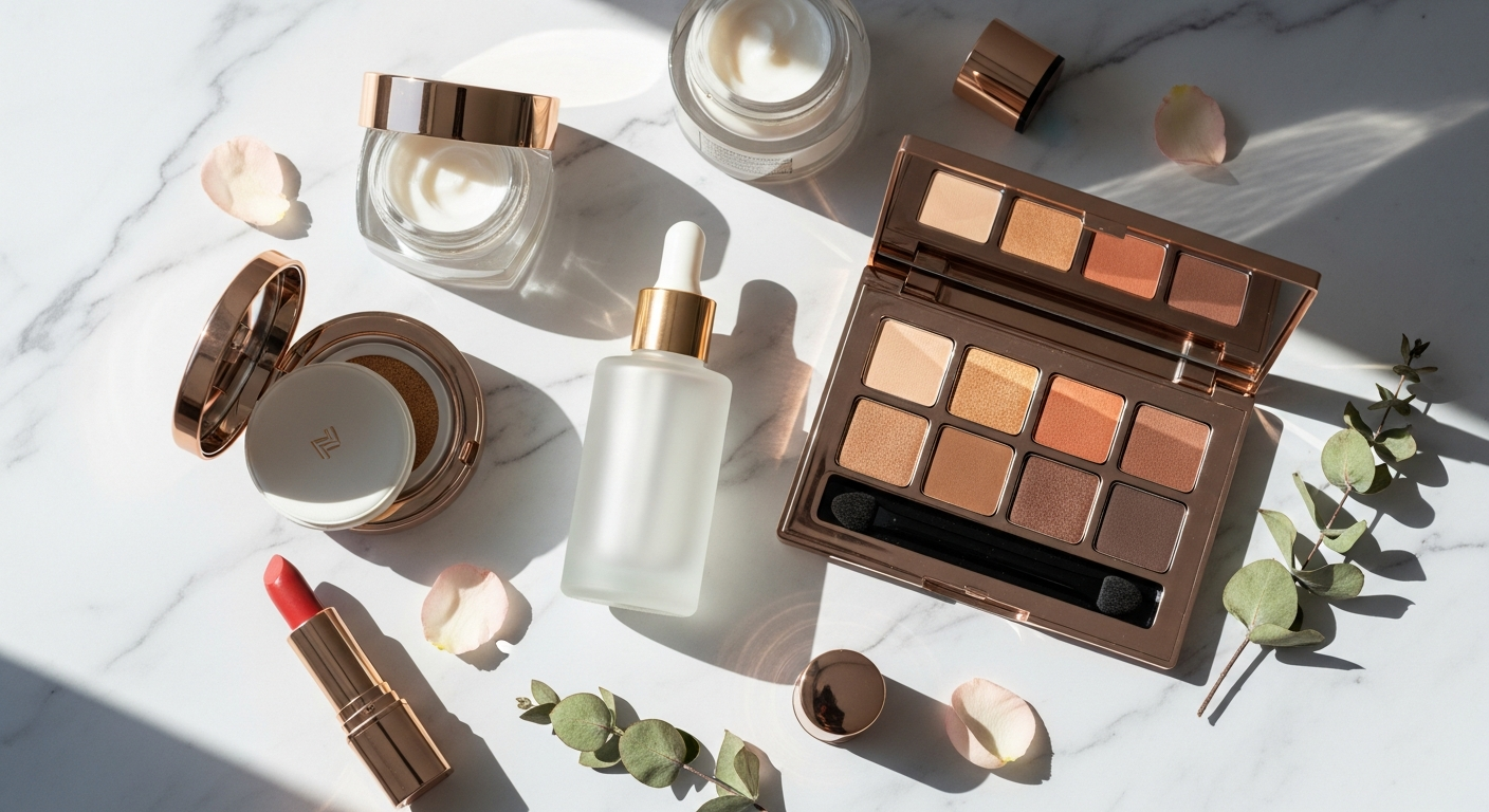 Luxurious beauty products and cosmetics arranged in premium black packaging