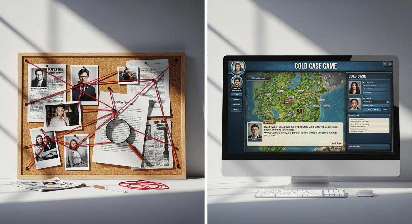 Online cold case game interface showing digital evidence and investigation tools