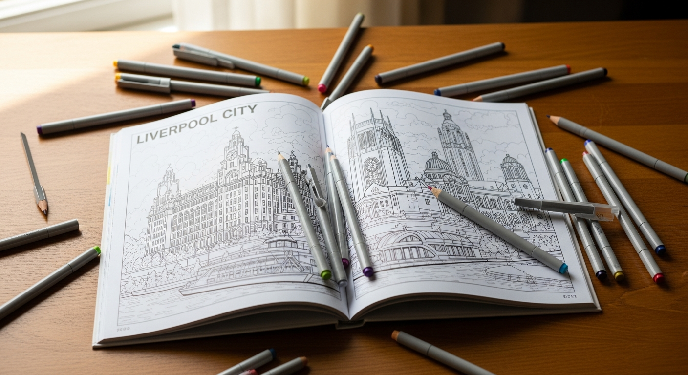 Liverpool City A4 Colouring Book featuring iconic local landmarks and detailed illustrations for creative mindfulness
