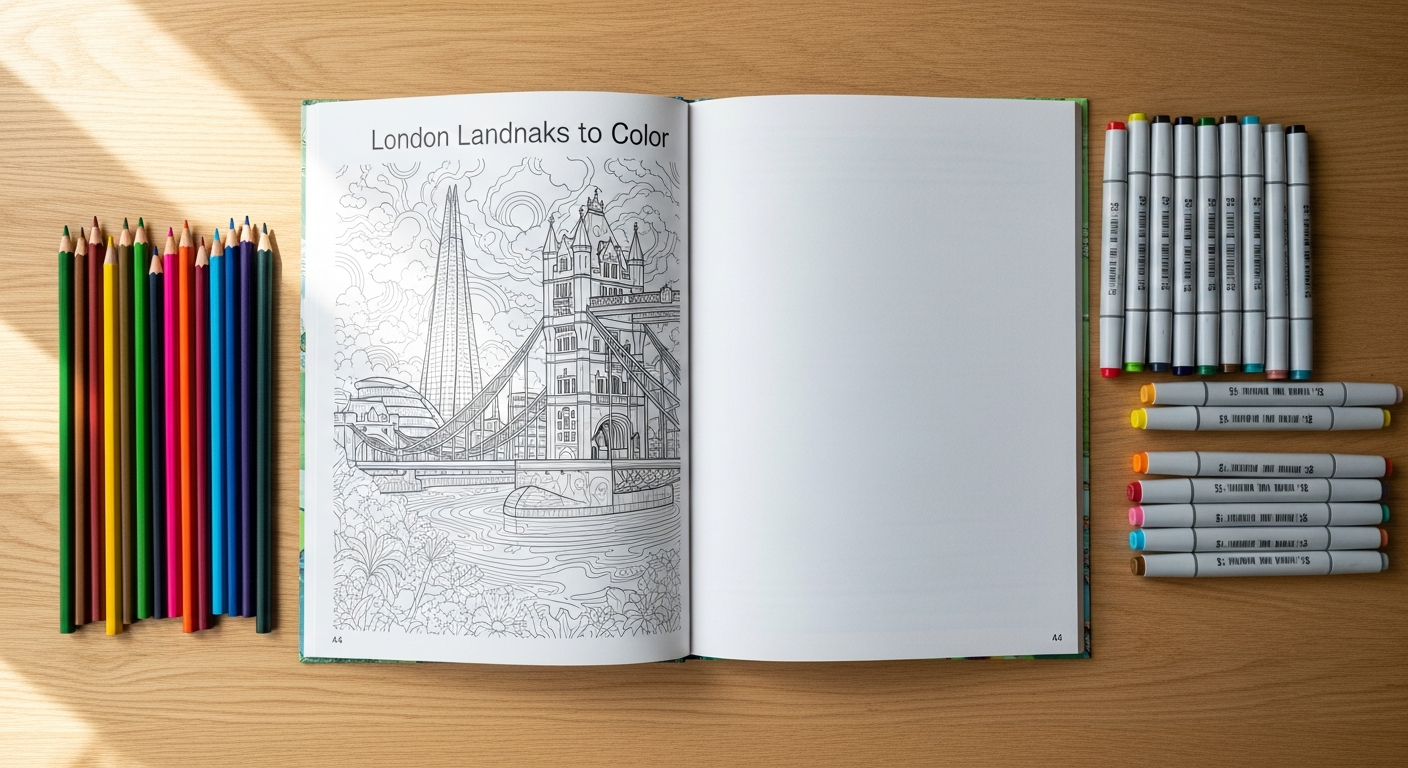 London A4 Cityscape Colouring Book featuring iconic landmarks and urban illustrations