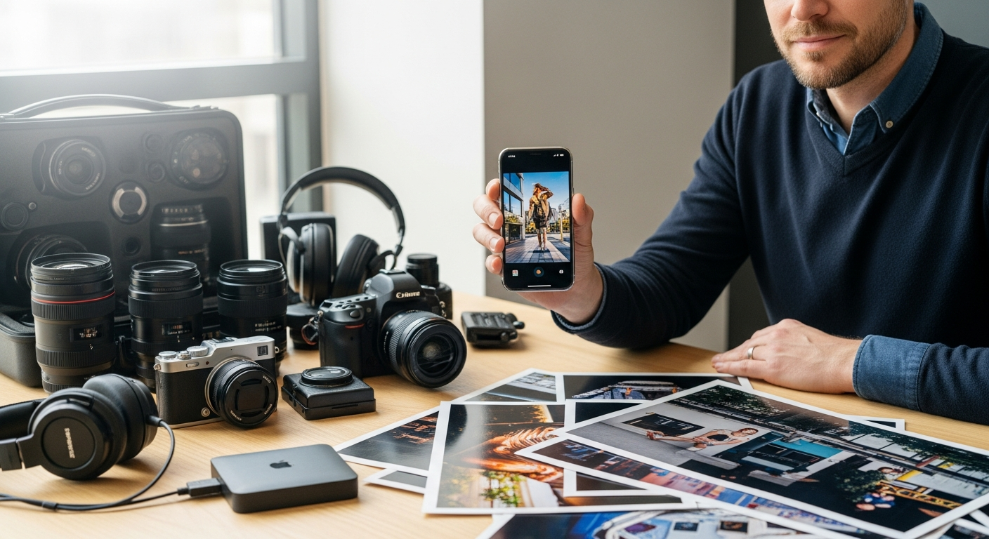 Professional photographer using latest model iPhone for advanced mobile photography and content creation