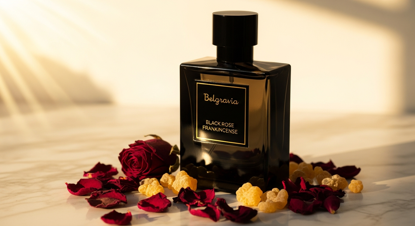 Belgravia Black Rose Frankincense luxury eau de parfum bottle with elegant packaging and branding
