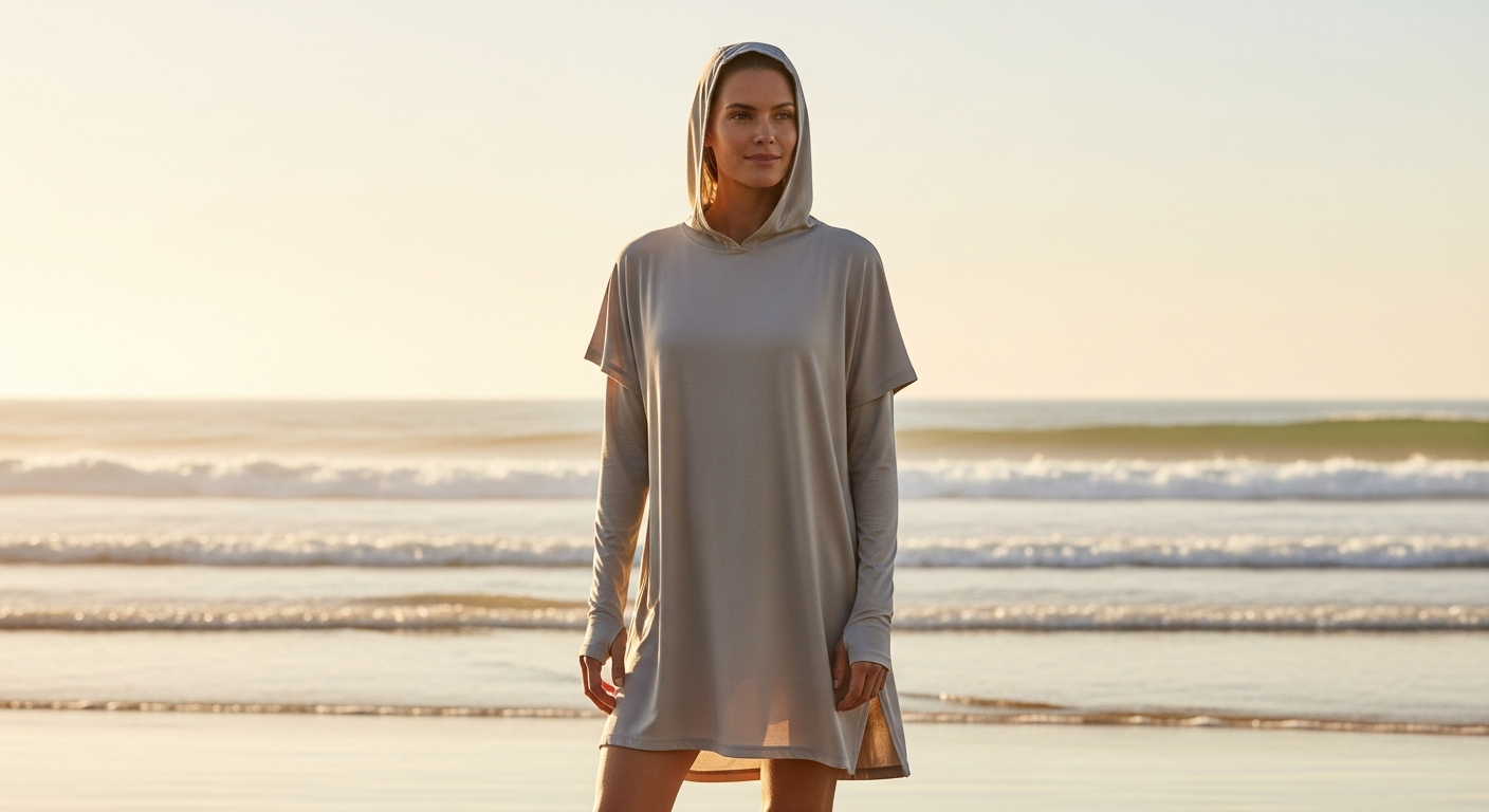 Woman wearing Coolibar UPF 50+ beach cover-up dress with hood at sunny beach